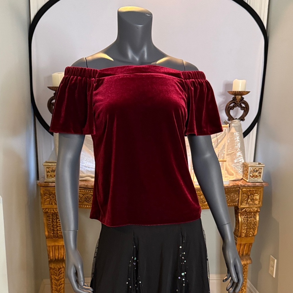 White House Black Market Red Velvet Off-Shoulder Top